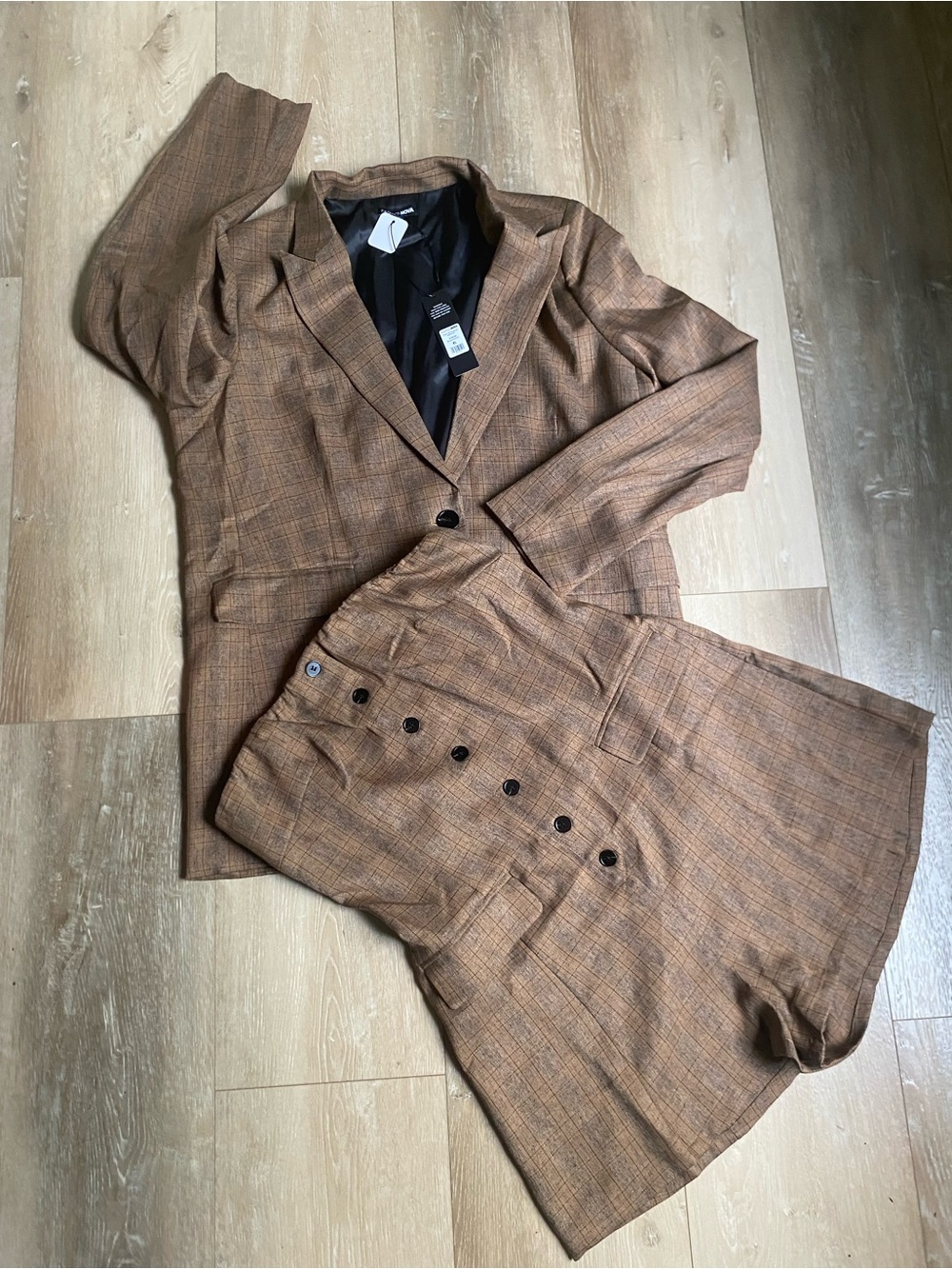 Fashion Nova Brown Plaid Two-Piece Blazer & Shorts Set